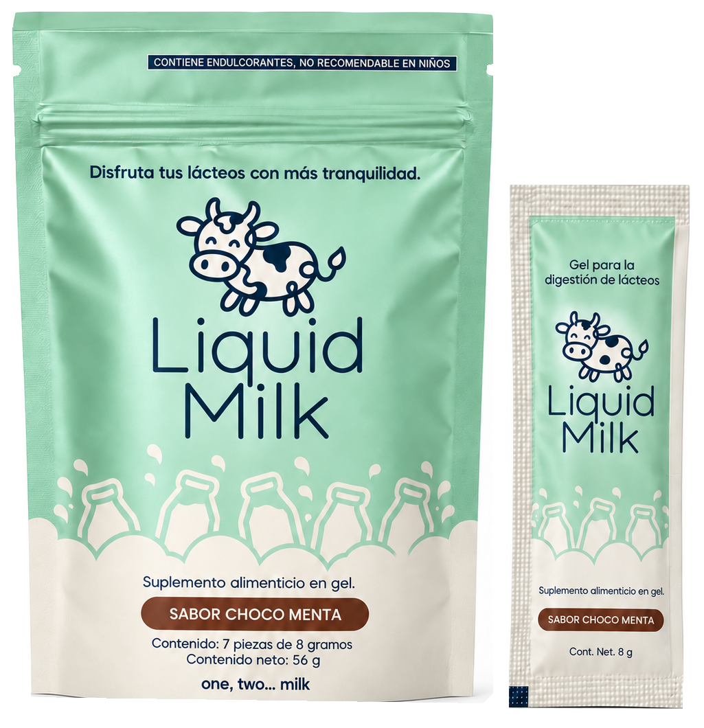 Bolsa y sobre de Liquid Milk, presentación de 7 sobres